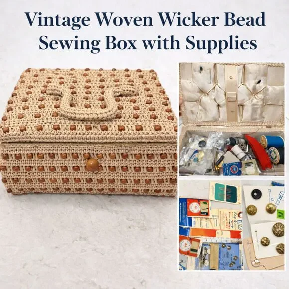 Vintage Sewing Basket Kit Wicker Box w Supplies Needles Thread Buttons Crochet - Picture 1 of 10